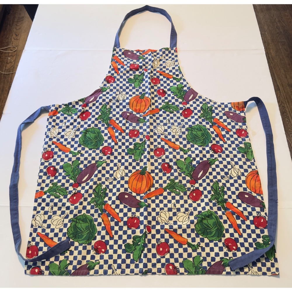 Vintage Vegetable Print Apron Blue Checkered Cotton Garden Harvest OS Kitchen